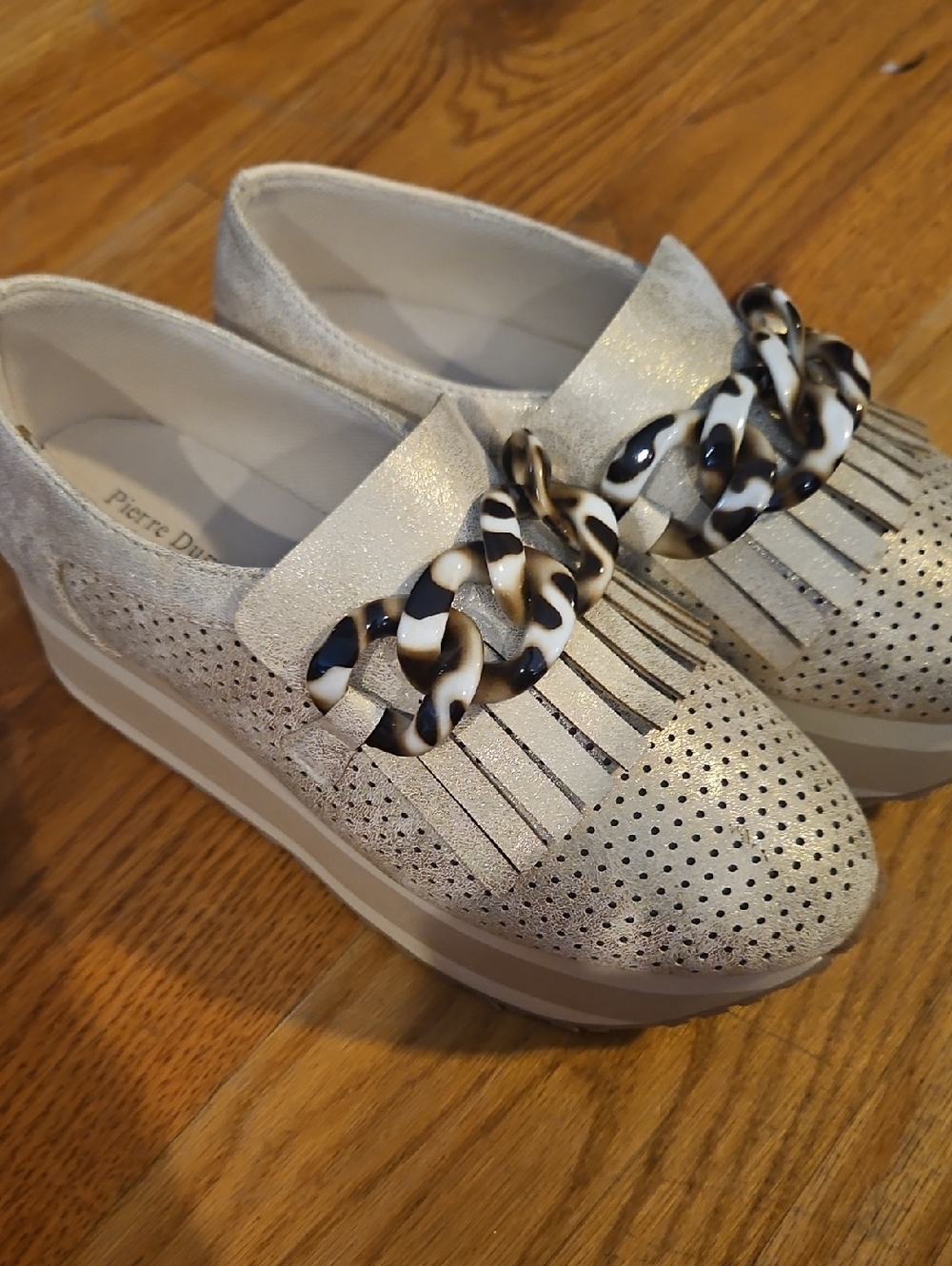 Pierre Dumas Silver Glitter Platform Loafers with Tortoiseshell Chain